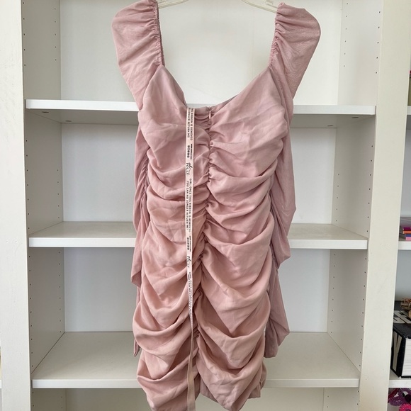 OH POLLY Fantasy Long Sleeve Ruched Mesh Blush Mini Dress - Picture 7 of 9